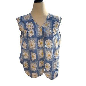 Blue Daisy Dreams Vintage Inspired Sleeveless Blouse With Soft Gathered Waist &